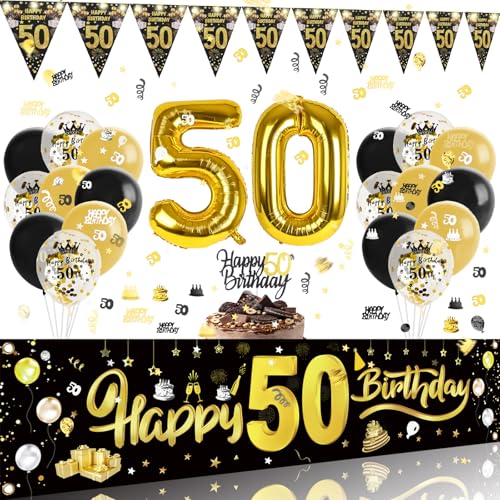 Luftballons 50 Geburtstag Mann Frau Deko mit Lichterkette, Konfetti 50 Geburtstag Deko, Deko 50. Geburtstag Girlande, Deko 50 Geburtstag Frau Tortendeko,50. Geburtstag Deko Banner,50er Geburtstagsdeko von GoldRock