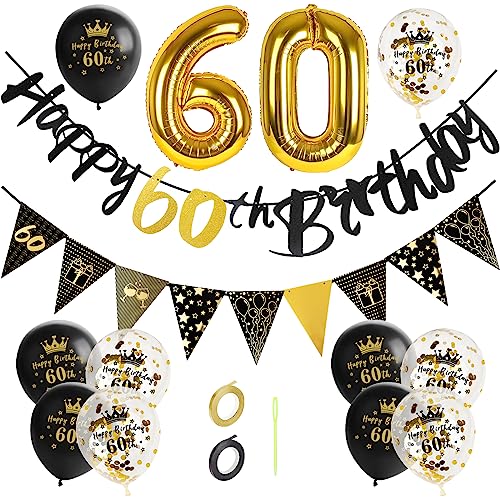 GoldRock 60. Geburtstag Deko Set für Mann und Frau - Luftballons Gold Schwarz, Happy Birthday Girlande, Folienballon Zahl 60 - Geschenk von GoldRock