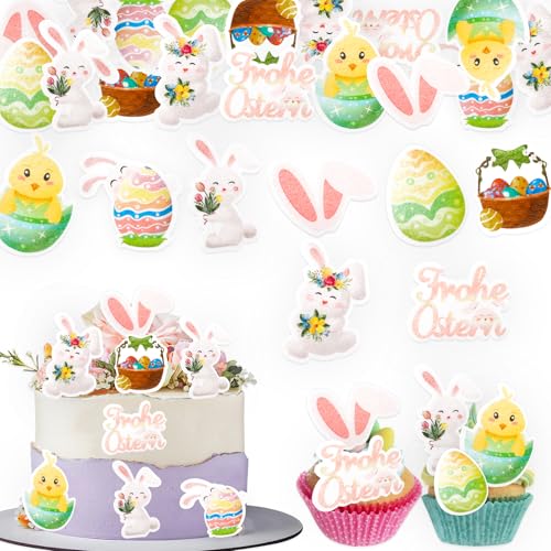 GoldRock 8 Stile Ostern Hase Tortendeko Essbar, 48 Stück Oster Essbare Tortendeko,Osterhase,Ostereier,Hasen Ohren Essbare Kuchen Deko Ostern,Ostern Party Esspapier Muffin Deko,Osterdeko Cupcake Topper von GoldRock
