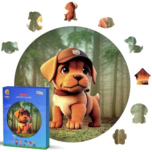 Holzpuzzle Für Kinder Ab 4 Jahre - Rundes Kinderpuzzles Holz 50 Teile - Holz Puzzle Tiere Für Mädchen Oder Jungen - Wooden Puzzle - Geburtstags Weihnachten Geschenke (Hund) von Goldbird Creations