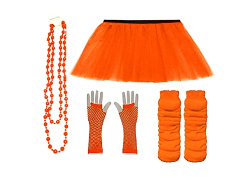 Golden Beads Damen Mädchen Neon Tutu Rock Einfarbig Beinstulpen Handschuhe Halskette UV Fasching Party Kostüme Set (Orange) von Golden Beads