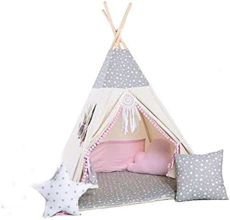 Kinder Teepee Tipi Set für Kinder Spielzeug drinnen draußen Spielzelt Zelt 8 Elemente dabei Tipi-Set Indianer Indianertipi mit Fenster usw.(mit kleinem Zubehör Wolfstern Rosa) von Golden Kids