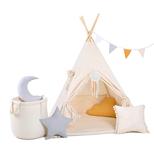 Kinder Teepee Tipi Set für Kinder Spielzeug drinnen draußen Spielzelt Zelt 8 Elemente dabei Tipi-Set Indianer Indianertipi mit Fenster usw. (mit Zubehör, Beiger Wolf) von Golden Kids