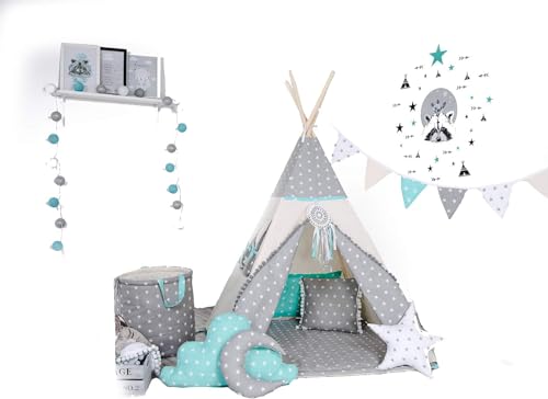 Kinder Teepee Tipi Set für Kinder Spielzeug drinnen draußen Spielzelt Zelt 8 Elemente dabei Tipi-Set Indianer Indianertipi mit Fenster usw. (mit Zubehör, Wolfstern Grau) von Golden Kids