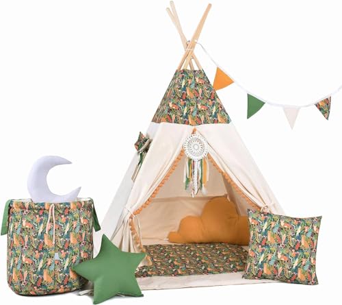 Kinder Teepee Tipi Set für Kinder Spielzeug drinnen draußen Spielzelt Zelt 8 Elemente dabei Tipi-Set Indianer Indianertipi mit Fenster usw. (mit Zubehör Dschungel) von Golden Kids