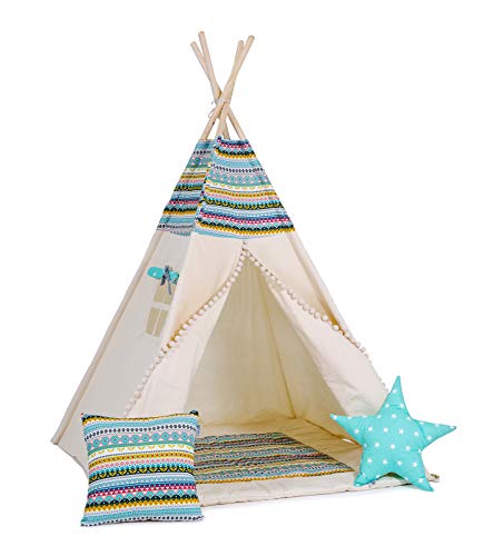 Kinder Teepee Tipi Set für Kinder Spielzeug drinnen draußen Spielzelt Zelt 8 Elemente dabei Tipi-Set Indianer Indianertipi mit Fenster usw. (mit kleinem Zubehör, Apache) von Golden Kids