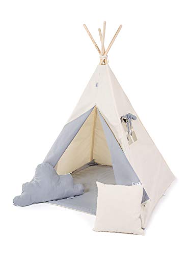 Kinder Teepee Tipi Set für Kinder Spielzeug drinnen draußen Spielzelt Zelt 8 Elemente dabei Tipi-Set Indianer Indianertipi mit Fenster usw. (mit kleinem Zubehör, Grauer Wolf) von Golden Kids