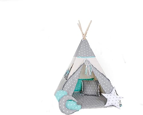 Kinder Teepee Tipi Set für Kinder Spielzeug drinnen draußen Spielzelt Zelt 8 Elemente dabei Tipi-Set Indianer Indianertipi mit Fenster usw. (mit kleinem Zubehör, Wolf Stern Grau) von Golden Kids