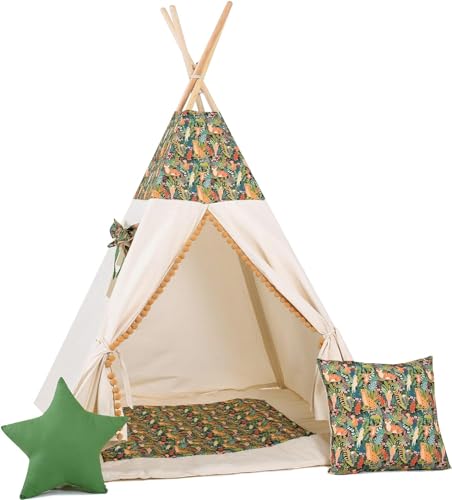 Kinder Teepee Tipi Set für Kinder Spielzeug drinnen draußen Spielzelt Zelt 8 Elemente dabei Tipi-Set Indianer Indianertipi mit Fenster usw. (mit kleinem Zubehör Dschungel) von Golden Kids