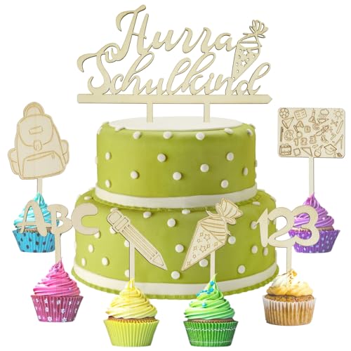 7 Stück Holz Tortendeko Hurra Schulkind Cake Topper Einschulung Set Schulkind Tortendeko Schulanfang Kuchen Dekoration für Mädchen Junge Schüler der Primar- und Sekundarstufe Schulanfang Party Deko von Goldenland