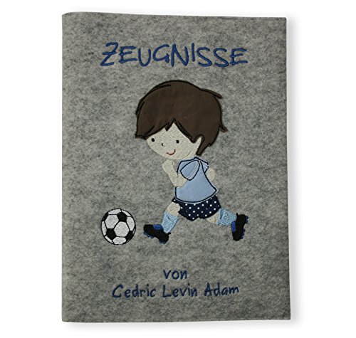 Goldi-Design Zeugnismappe Fußballer Jungen personalisiert Sichtbuch DIN A4 20 Klarsichthüllen Wollfilz (grau/blau/gepunktet) von Goldi-Design