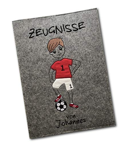 Goldi-Design Zeugnismappe Fußballer grau personalisiert mit Namen 100% Wollfilzumschlag und Sichtbuch DIN A4 mit 20 Hüllen von Goldi-Design