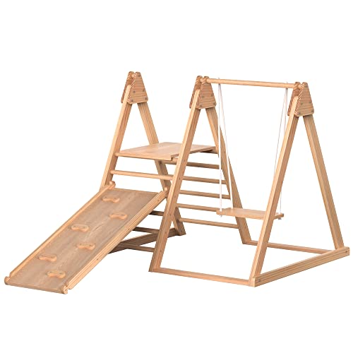 GoldiCoo klettergerüst Indoor Holz - Kletterdreieck mit rutsche, Kinderschaukel, Kletterwand von GoldiCoo