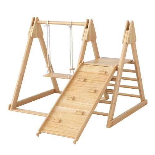 GoldiCoo klettergerüst Indoor Holz - Kletterdreieck mit rutsche, Kinderschaukel, Kletterwand von GoldiCoo
