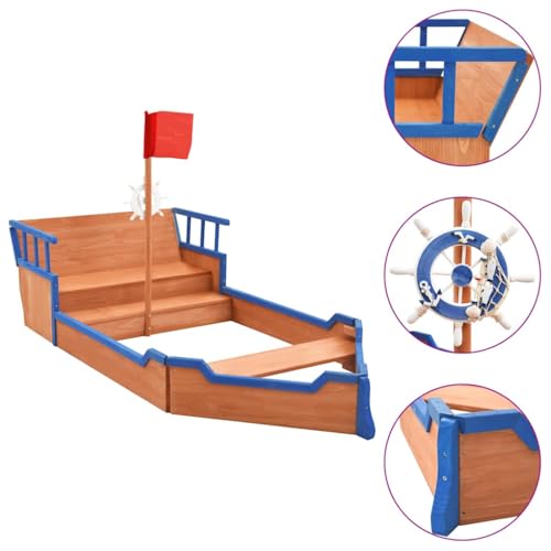 GoldiCoo Sandkasten Piratenschiff aus Tannenholz 190x94,5x101 cm – Holz-Sandkiste mit Sitzbank, Geheimversteck & Piraten-Design – Outdoor Spielgerät für Kinder von Goldicoo