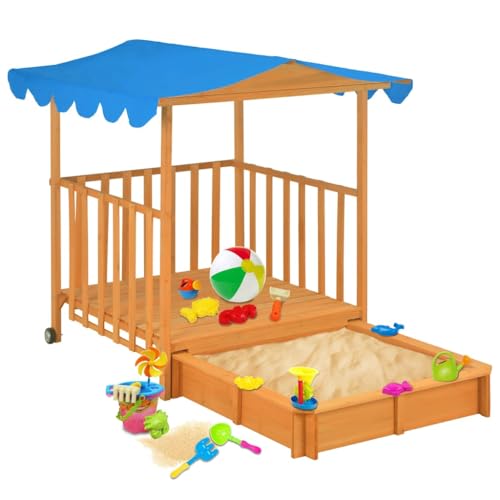 GoldiCoo Sandkasten mit Kinderspielhaus aus Tannenholz 130x130x143 cm – Garten-Spielhaus mit UV50-Dach, Rollen & Holzveranda – Outdoor Spielgerät für Kinder von Goldicoo