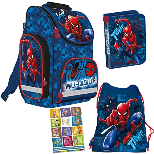 Schulranzen Set Spiderman Marvel Ranzen Federmappe Turnbeutel Aufgabenheft für die Grundschule 4er Set. Geeignet ab der ersten Klasse der Grundschule von Goldkids