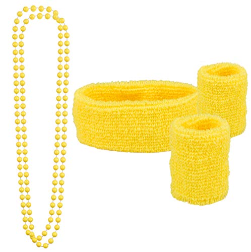 Goldschmidt Kostüme 80er Jahre Accessoires | 5-Teiliges Set | Schweißbänder und Perlenketten | Achtziger Neon Schmuck | Aerobics 80s Verkleidung Kostüm Zubehör | Farbe wählbar (Gelb) von Goldschmidt Kostüme