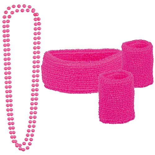 Goldschmidt Kostüme 80er Jahre Accessoires | 5-Teiliges Set | Schweißbänder und Perlenketten | Achtziger Neon Schmuck | Aerobics 80s Verkleidung Kostüm Zubehör | Farbe wählbar (Pink) von Goldschmidt Kostüme