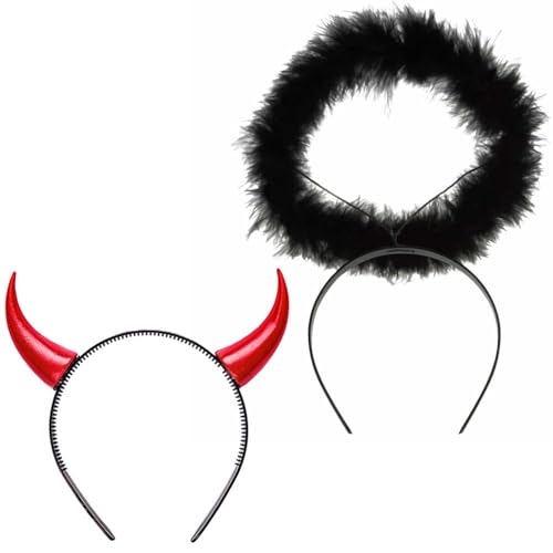 Halloween Haarreifen 2 Stk Set | Damen Kostüm Kopfschmuck | Haarschmuck für Fasching Karneval (Teufelshörner & schwarzer Heiligenschein) von Goldschmidt
