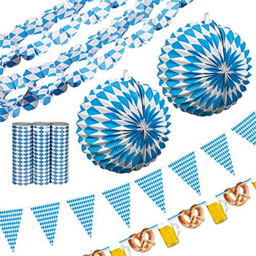 Volksfest Deko Bayern Set blau weiß | XXL Dekosets bayrisch | Wiesn Party Dekoration (Set 6 (2 Laternen, 4m Girlande, 8m Wimpelgirlande, Luftschlangen, 4m Brezel-Girlande)) von Goldschmidt