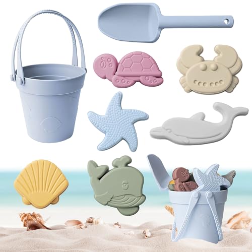 Golgner 8 Pcs Sandspielzeug Set aus Silikon, Silikon Strandspielzeug Set, Strand Sandspielzeug Set, Sandkasten Spielzeug mit Eimer, Schaufel, Sandförmchen, für Jungen und Mädchen von Golgner