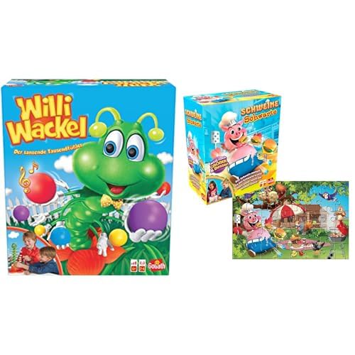 Set mit 2 Spielen: WILLI WACKEL + Schweine Schwarte Puzzle – Brett-, Action-, Geschicklichkeits- und Geschwindigkeitsspiele für Kinder – Neues Spieleset – Spielen mit Freunden – 2+ Spieler – 4+ von Goliath