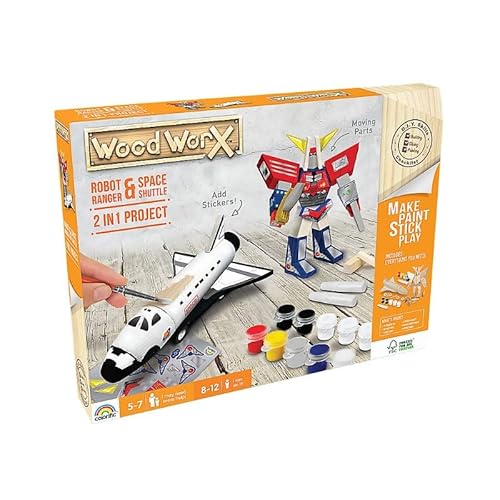 WOOD WORX – Modellbausätze aus Holz zum Bauen und Personalisieren – Schaffung von 2 Modellen Space Shuttle + Roboter Ranger – Farben und Aufkleber enthalten – kreative Freizeit – FSC-Holz – von Goliath