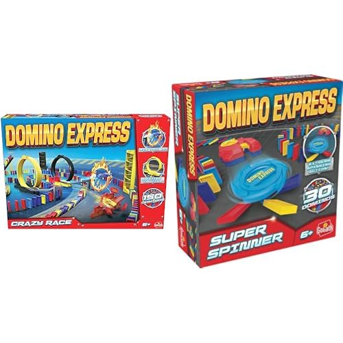 Crazy Race – Set mit 2 Spielen: Domino Express Crazy Race + Super Spinner – Konstruktionsspiel – Domino-Rennen – Werden Sie der König der Kaskade – Zum Spielen alleine, mit Familie oder Freunden – 1+ von Goliath