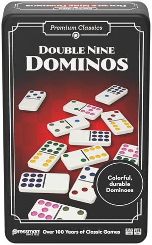 Goliath Double 9 Dominos - Klassisches Familien-Brettspiel für Kinder ab 5 Jahren - 55 nummerierte Dominosteine für 1 bis 8 Spieler - Metall-Reisebox-Dominospiel von Goliath