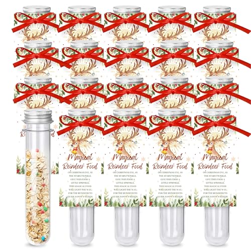 Magisches Rentier-Lebensmittel-Set mit passender Karte, Kunststoffröhre, rote Bandrolle, Heiligabend Tradition für Kinder, Feiertagsparty, lustige Weihnachtsabend, Strumpffüller, 20 Stück von Golibra