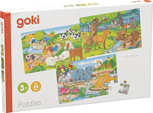 goki 57377 - Puzzles Tiere aus Holz - 3 Verschiedene Motive mit Tieren - mit Waldtieren, Zootieren und Bauernhoftieren von goki