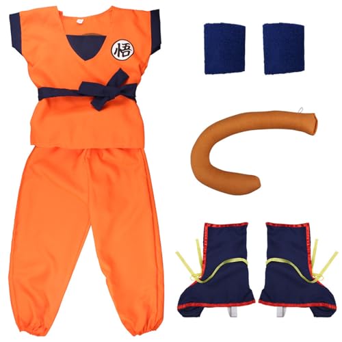 6 Teiliges Goku Kostüm für Kinder Dragon Z-Kostüm Orange Anime Overall Halloween Karneval Outfit Party Cosplay (M) von Goloxou