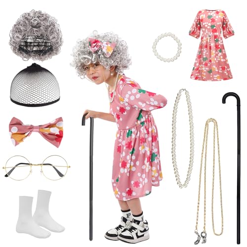 Goloxou 10 Teiliges Kostüm für Alte Damen für Mädchen 100 Tage Schule Oma Kostüm für Kinder Partykleid (S) von Goloxou