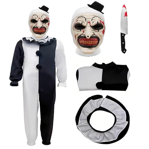 Goloxou Art The Clown Kostüm Terrifier Killer Clown Kostüm Gruselige Vollkopfmaske mit Plastikmesser für Kinder Halloween Karneval Cosplay (M) von Goloxou