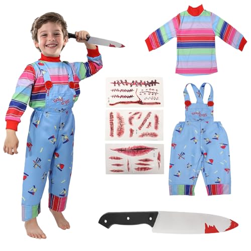 Goloxou Chucky Kostüm Kinder Blau Cartoon Jumpsuit Overalls und Gestreiftes Hemd für Halloween Karneval Cosplay (S) von Goloxou