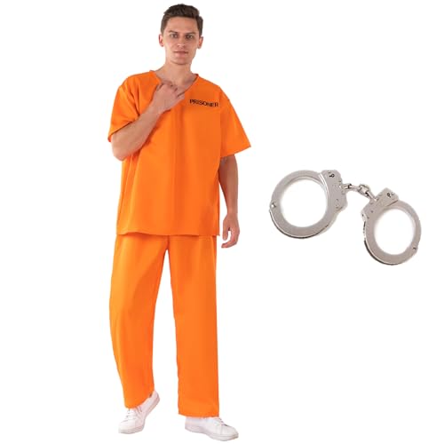Goloxou Gefängniskostüm Herren Orange Gefangenenoverall mit Handschellen Gefängnisuniform für Erwachsene Halloween Karneval Party Cosplay (2XL) von Goloxou