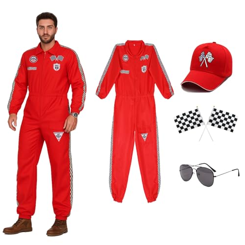 Goloxou Rennfahrer Kostüm Herren Roter Rennanzug Overall mit Renn Outfits Kappe Sonnenbrille Flaggen für Erwachsene Halloween Cosplay (M) von Goloxou