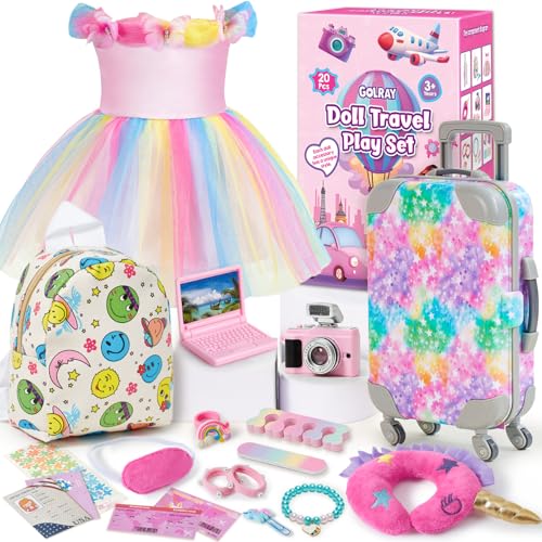 Golray American 45.7 cm Puppenkoffer Reiseset - 18 Spielzeugpuppenzubehör und Kleidung mit Gepäck & Regenbogenkleid & Rucksack & Kissen & Sonnenbrille & Kamera, Weihnachten Geburtstagsgeschenk Mädchen Golray American 45.7 cm Puppenkoffer Reiseset - 18 Spielzeugpuppenzubehör und Kleidung mit Gepäck & Regenbogenkleid & Rucksack & Kissen & Sonnenbrille & Kamera, Weihnachten Geburtstagsgeschenk Mädchen von Golray