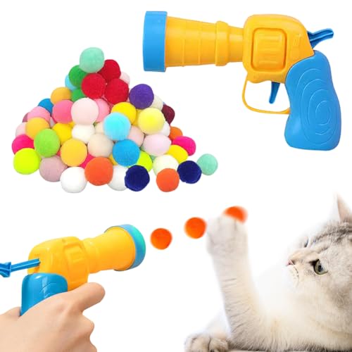 GomEi Katzenspielzeug Ball Pistole, 2PCS Launcher Katzenspielzeug mit 100 Pompom-Bällen Interaktiver Ball für Katzen Chasing Plüschbälle Spielzeug Cat Toy Ball für Interactive Training Jagen Schlagen von GomEi