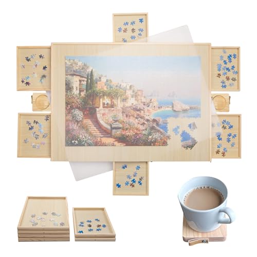 Gondola Puzzlebrett mit Becherhaltern, 6 Schubladen und Abdeckung, stabiles Puzzle-Tischtablett, 66 x 88,9 cm, tragbares Holz-Puzzle-Zubehör, Puzzle-Zubehör, Puzzle-Zubehör, 1500 Teile von Gondola