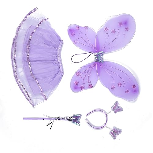 Gonetre Feen-Schmetterlingsflügel-Kostümset mit Zauberstab, Stirnband, Rock, Weichem Stoff, Gaze-Netz, Blau, Gelb, Rosa, Lila, 38 (Einzelschichtflügel 4-teilige Set) von Gonetre
