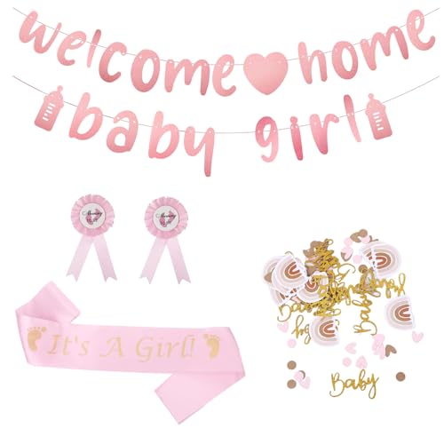 Gender Reveal Party Deko Rosa Willkommen Zuhause Baby Girl Flagge Babyparty Deko Konfetti Baby Shower Schärpe Ansteckblume für Eltern Schultergurt für Mutter Party Dekoration von GooDengFull