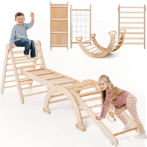 4-in-1 Indoor Klettergerüst für Kleinkinder - Dreiecksleiter, Kletterbogen & Kletterrampe & Netz, Montessori Klettergerüst, Kinder Holzspielplatz, Klappbare Kletterspielzeuge für Kinder von 1-5 Jahren von Goodevas