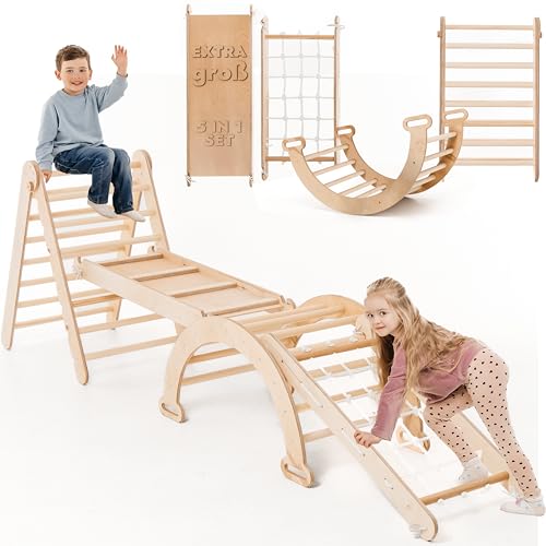 4-in-1 Indoor Klettergerüst für Kleinkinder - Dreiecksleiter, Kletterbogen & Kletterrampe & Netz, Montessori Klettergerüst, Kinder Holzspielplatz, Klappbare Kletterspielzeuge für Kinder von 1-5 Jahren von Goodevas
