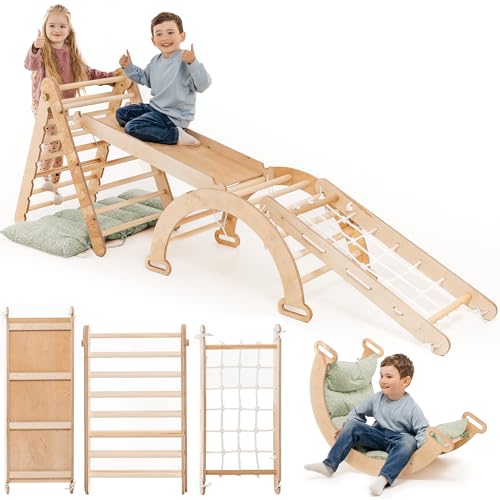 5-in-1 Indoor Klettergerüst für Kleinkinder - Dreiecksleiter, Kletterbogen & Kletterrampe & Netz, Kissen, Montessori Klettergerüst, Kinder Holzspielplatz, für Kinder von 1-5 Jahren (Grünes Kissen) 5-in-1 Indoor Klettergerüst für Kleinkinder - Dreiecksleiter, Kletterbogen & Kletterrampe & Netz, Kissen, Montessori Klettergerüst, Kinder Holzspielplatz, für Kinder von 1-5 Jahren (Grünes Kissen) von Goodevas
