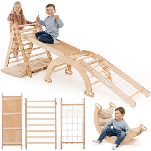 5 in 1 Montessori Indoor Klettergerüst Set für Kinder + Pillow - Montessori Climbing Holz Pikler Dreieck, Arch, Slide Indoor Play Gym für Kinder - Baby Spielzeug Jungle Gym für Kleinkinder Alter 1-3 von Goodevas