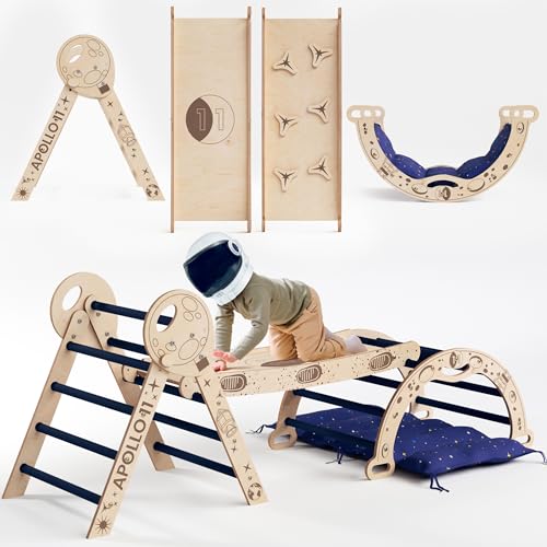 Apollo 5-in-1 Indoor Kletterset für Kleinkinder – Inspiriert von NASA Apollo 11 | Dreiecksleiter, Bogen, Rutsche/Rampe, Kissen & Weltraum-Design | Faltbare Indoor-Klettergerüst für Kinder 1-3 Jahre von Goodevas