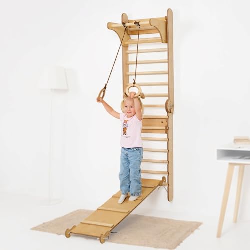 GOODEVAS Schwedenleiter aus Holz für Kinder - Montessori Kletterwand Indoor Klettergerüst für Kleinkinder - Sprossenwand Kinderzimmer für Kinder Beige von Goodevas