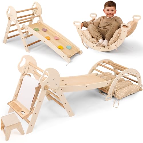 Goodevas 5-in-1 Montessori Klettergerüst Set: Indoor Kletterdreieck, Kletterbogen mit Kissen, Rutsche für Kinder & Kunst hinzufügen, Indoor Spielplatz 1-3 Jahre von Goodevas